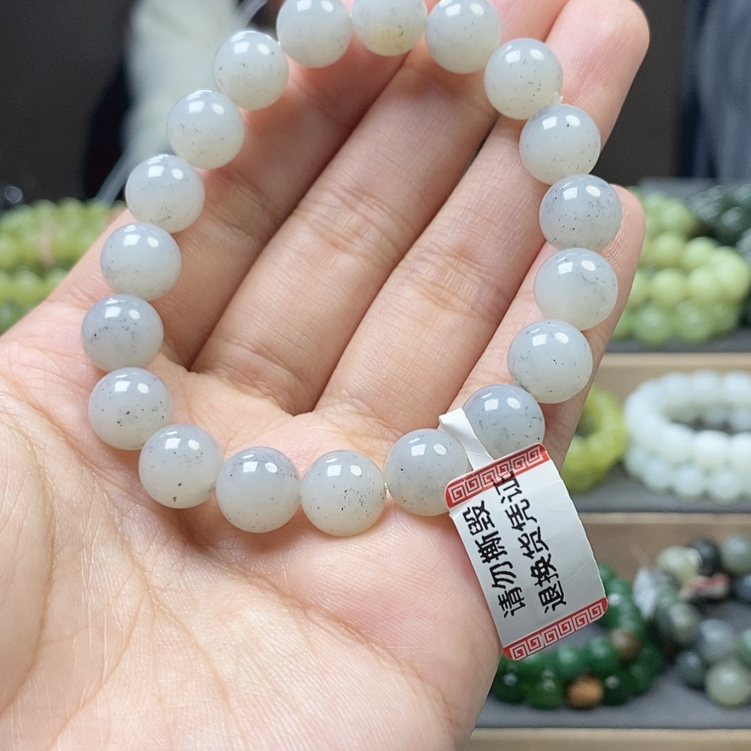 和田玉未镶嵌手链籽 料点墨青花11m