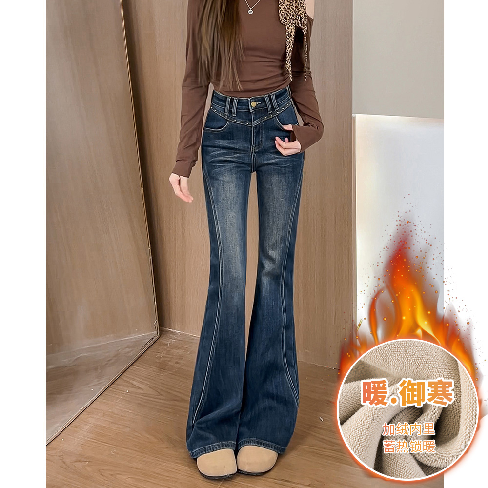 314高腰微喇牛仔裤女冬季新款加绒美式高街复古修身显瘦马蹄喇叭