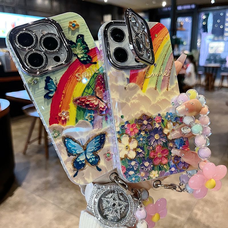 适用苹果系列iPhone16新款手机壳支架镜框油画彩虹蝴蝶闪钻镜头  