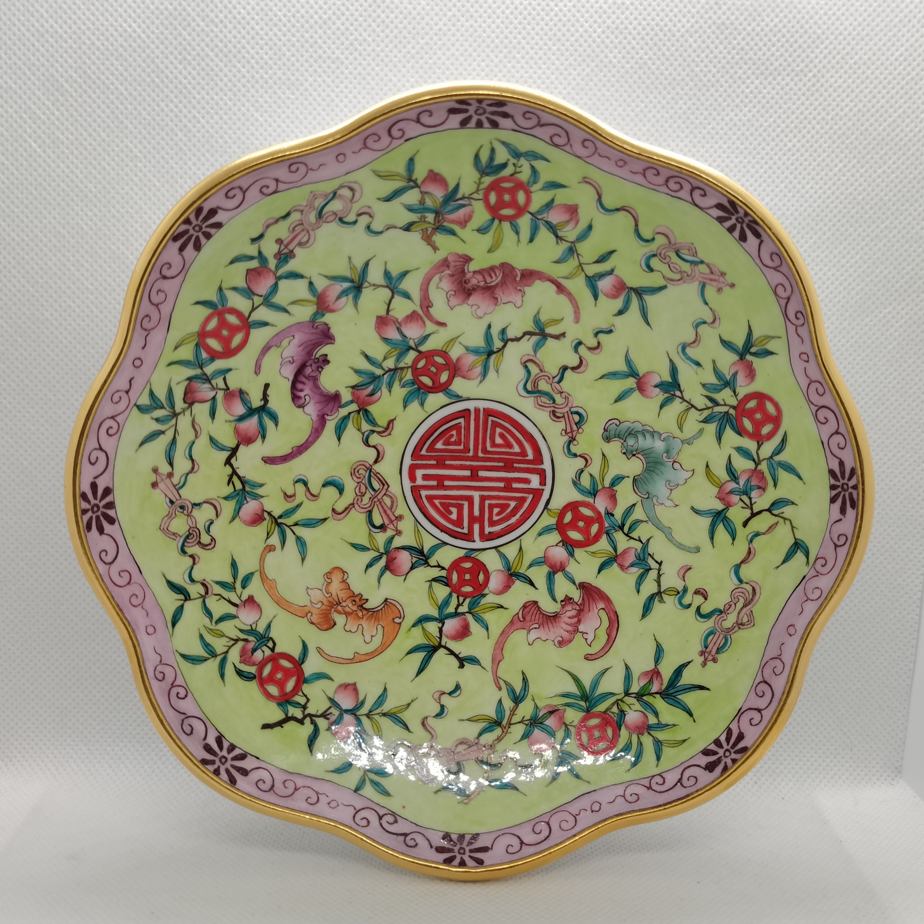 铜胎画珐琅葵口碗八瓣碗福在眼前福寿图口径15.5厘米家居摆件收藏