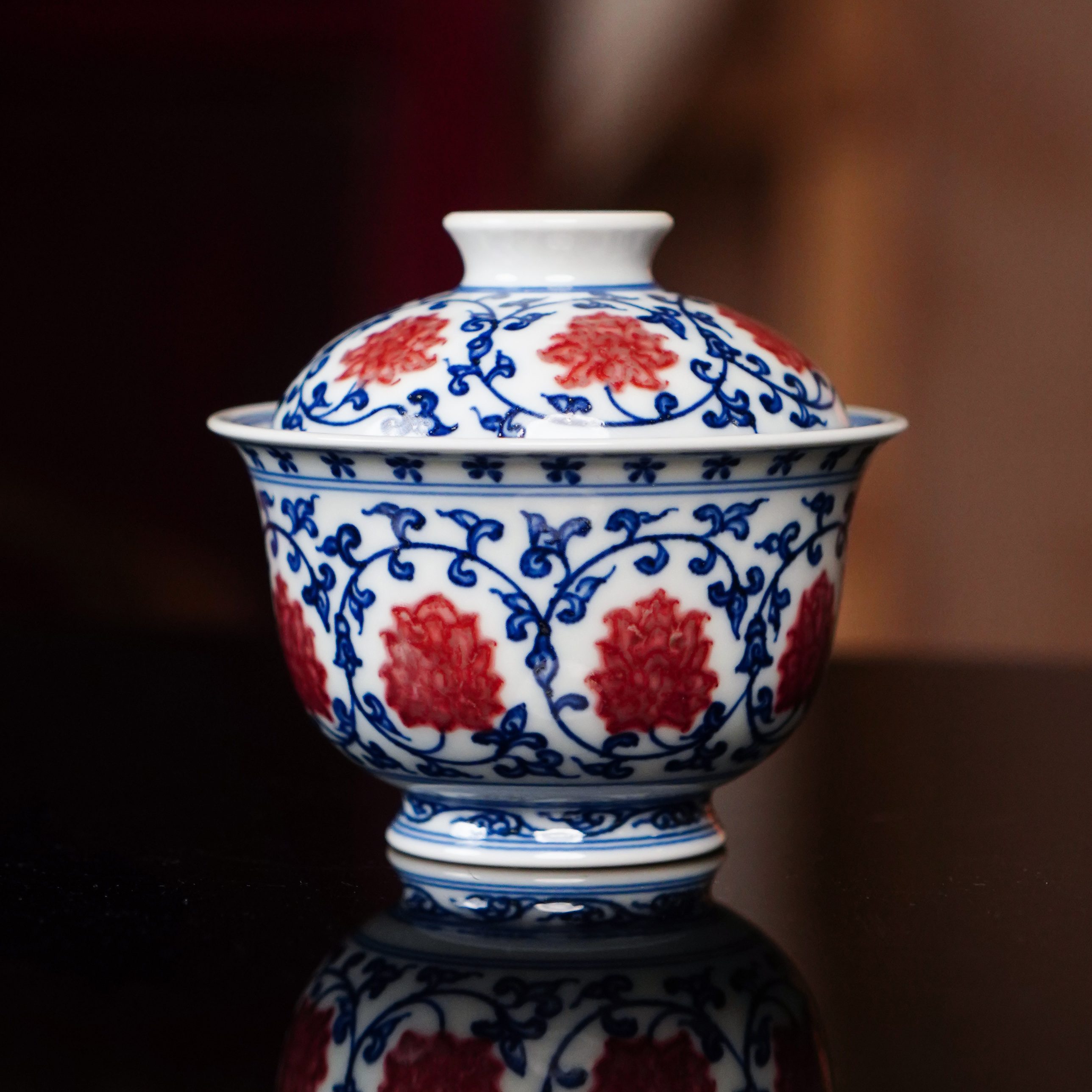 釉里红缠枝莲大元宝盖碗   纯手工手绘陶瓷瓷盖碗NH3087