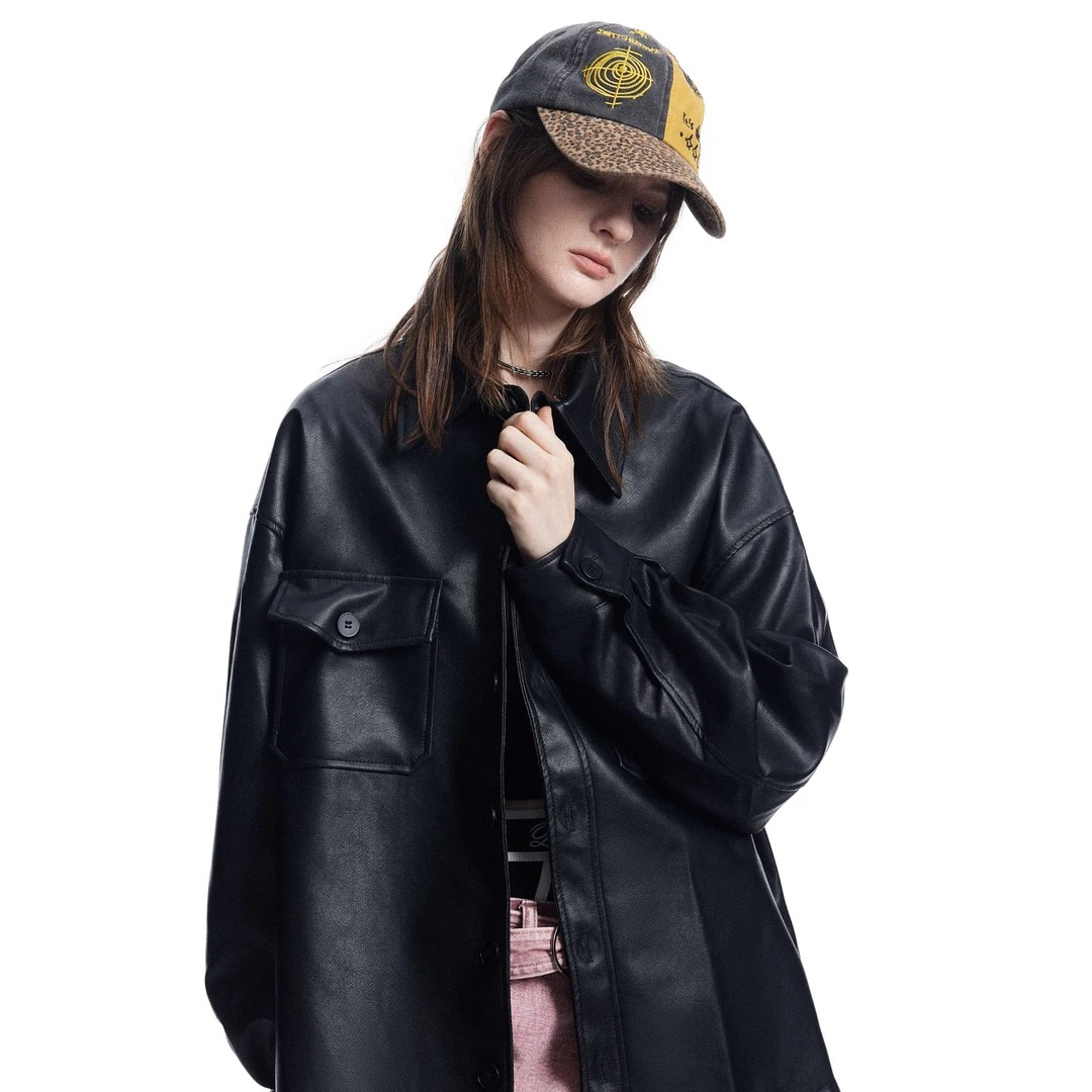 MaoQiaoYi复古pu皮皮衣百搭皮衣衬衫男女春秋休闲情侣【J】C24077