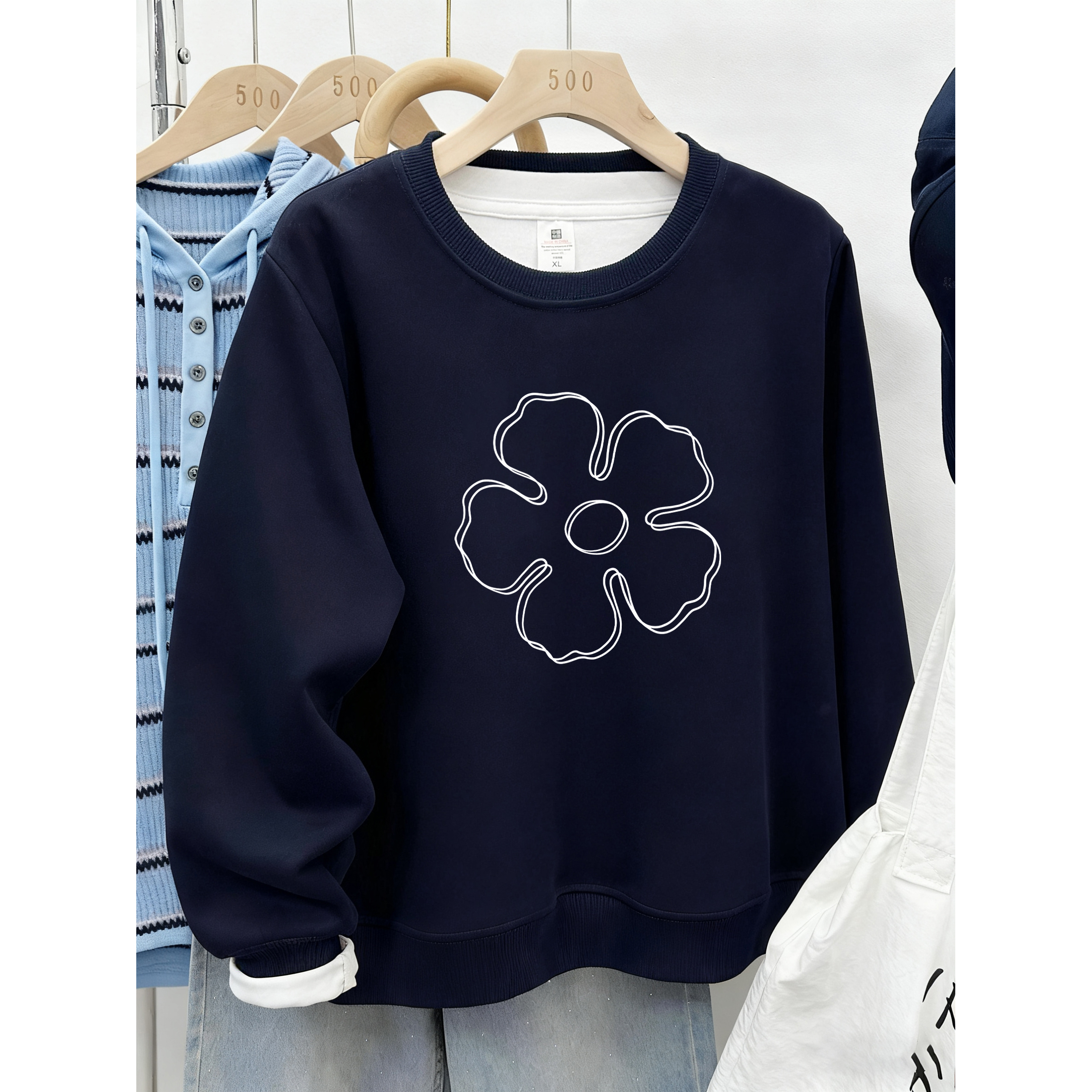 花朵印花圆领正肩卫衣女2025秋冬季加绒加厚无帽宽松大码长袖上衣