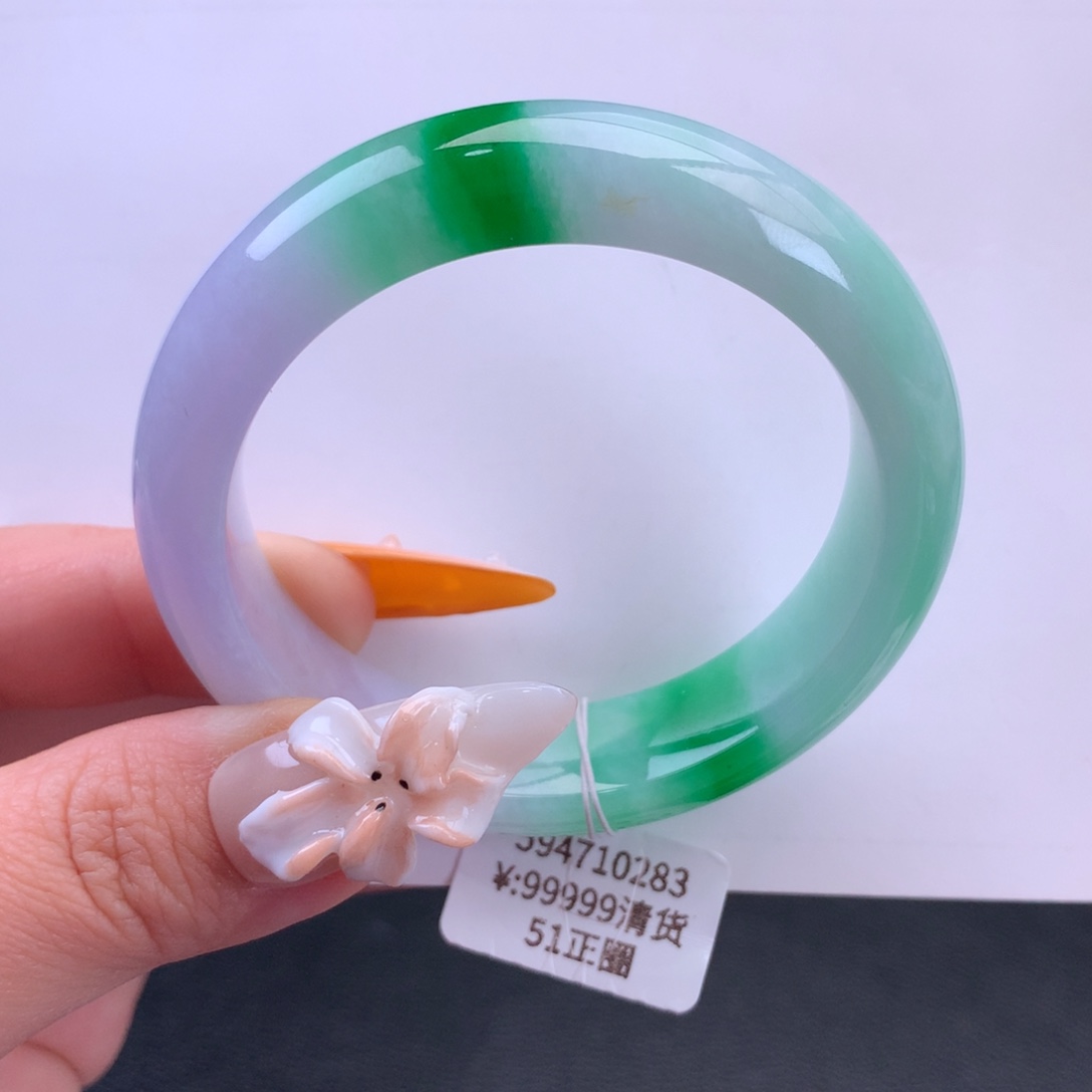 翡翠手镯未镶嵌辣绿春彩正圈手镯