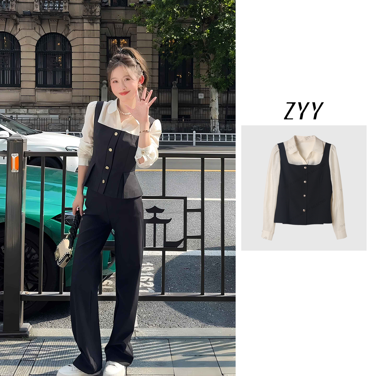 ZYY【浮华之宴】2025S/S新品高拼色设计假两件长袖衬衫X25QCS03715