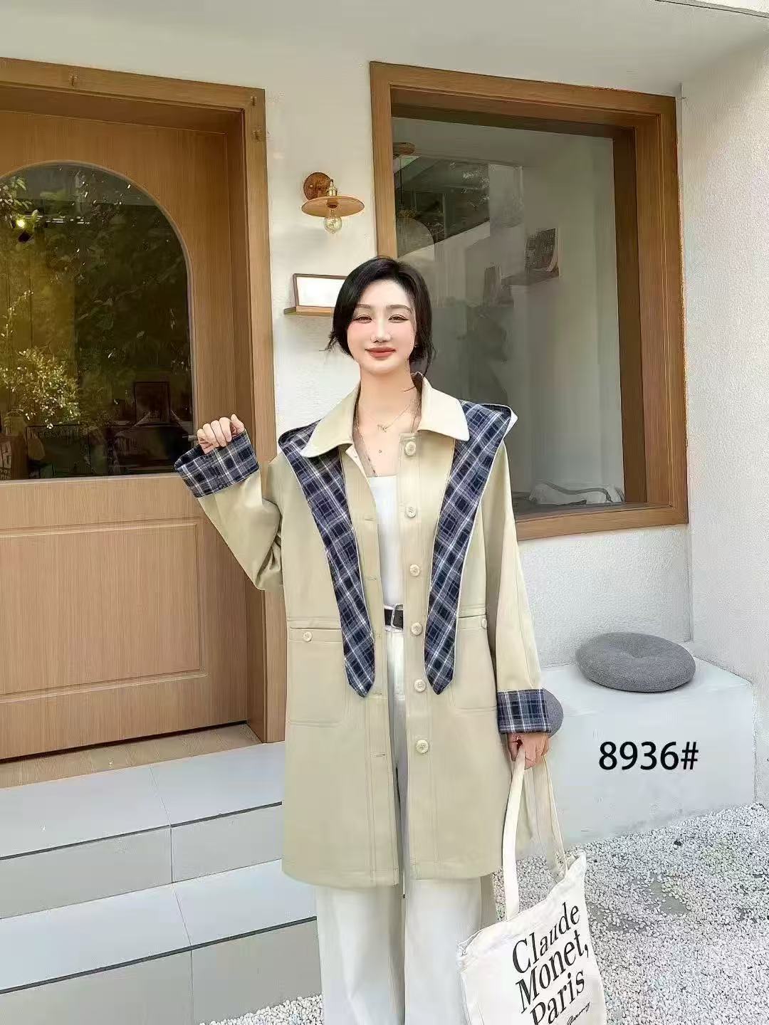 法式时尚休闲格纹拼接连帽外套2025女秋季气质宽松百搭中长款风衣