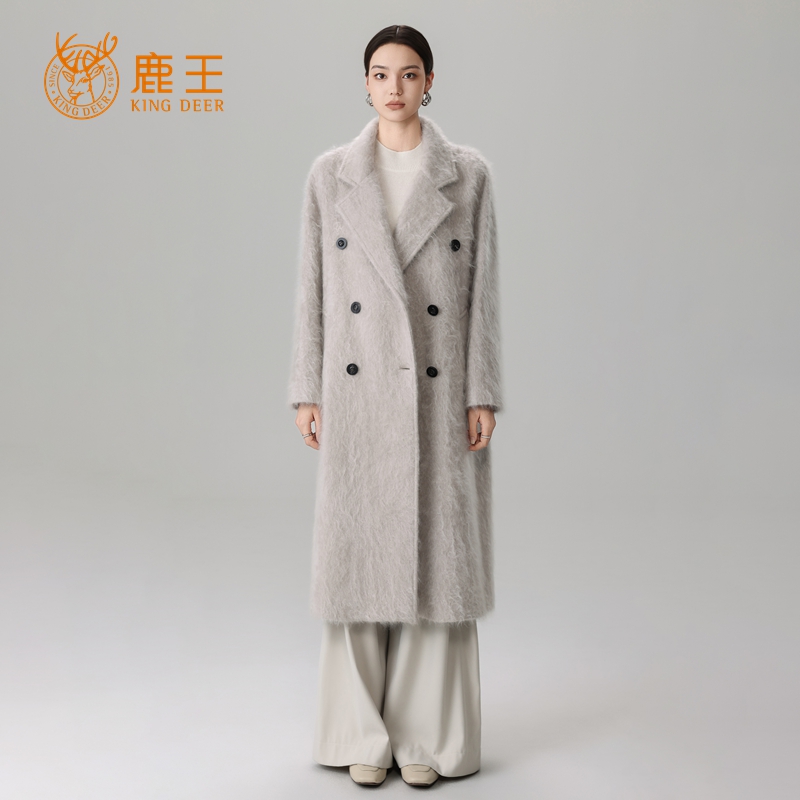 【高奢拉绒系列】鹿王女翻领100山羊绒双排扣拉绒大衣 CA8835
