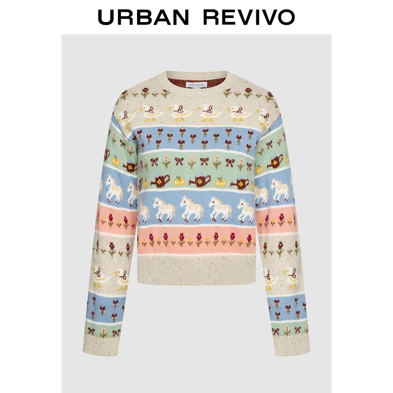 UR2026春季新款女休闲彩色条纹童话图案提花针织衫UYL960012