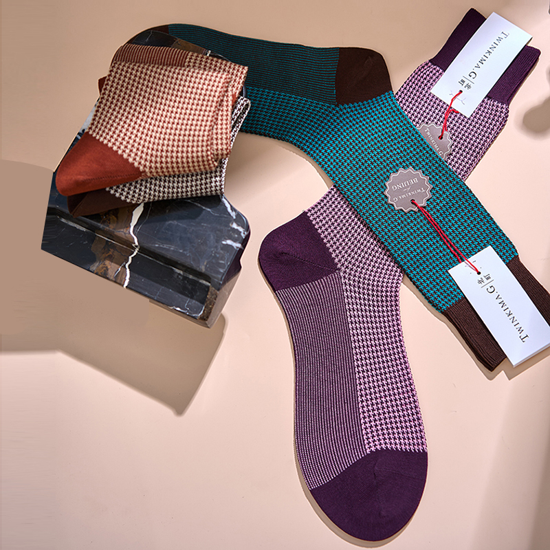 北町北町千鸟格系列中筒绅装袜双针200织透气轻薄亲肤复古
