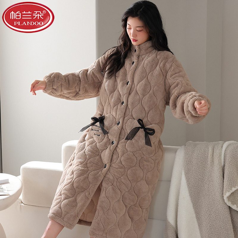 帕兰朵棉睡袍女秋冬季三层加厚长款保暖珊瑚绒夹棉冬季女士加绒睡
