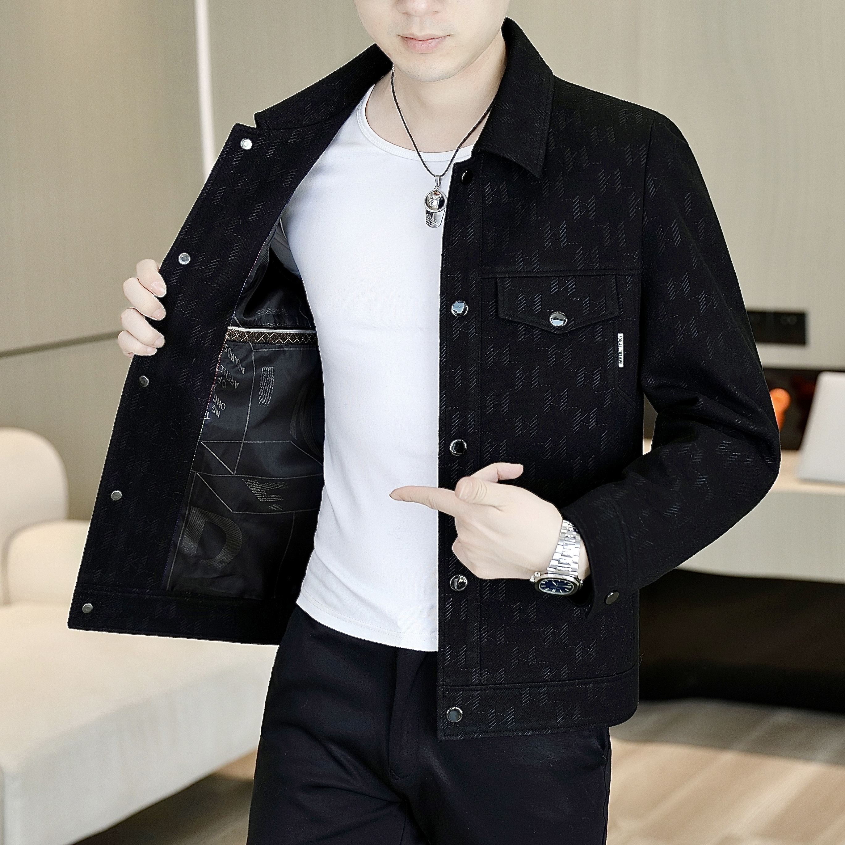 2025秋季男士时尚潮流翻领夹克百搭休闲商务修身外套603