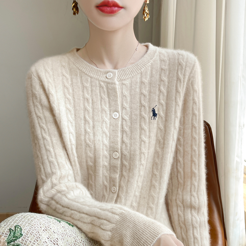 温柔减龄~100%羊毛开衫女款刺绣设计感休闲圆领时尚洋气针织衫女