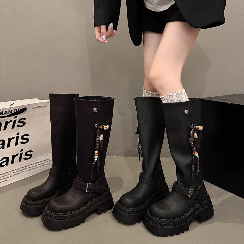 欧美中性配饰增高防滑时装靴女2025秋冬新款舒适增高机车长筒靴潮