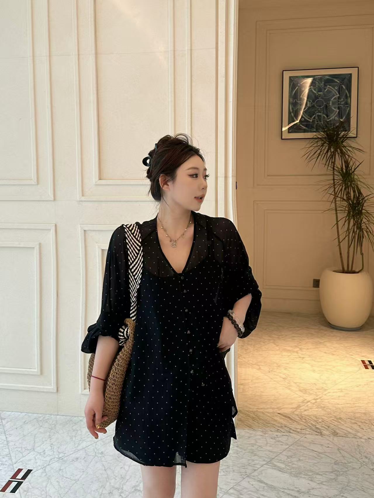 琪琪怪怪大码女装【波点主义】经典复古防晒衬衫+短裤T17188QTQ