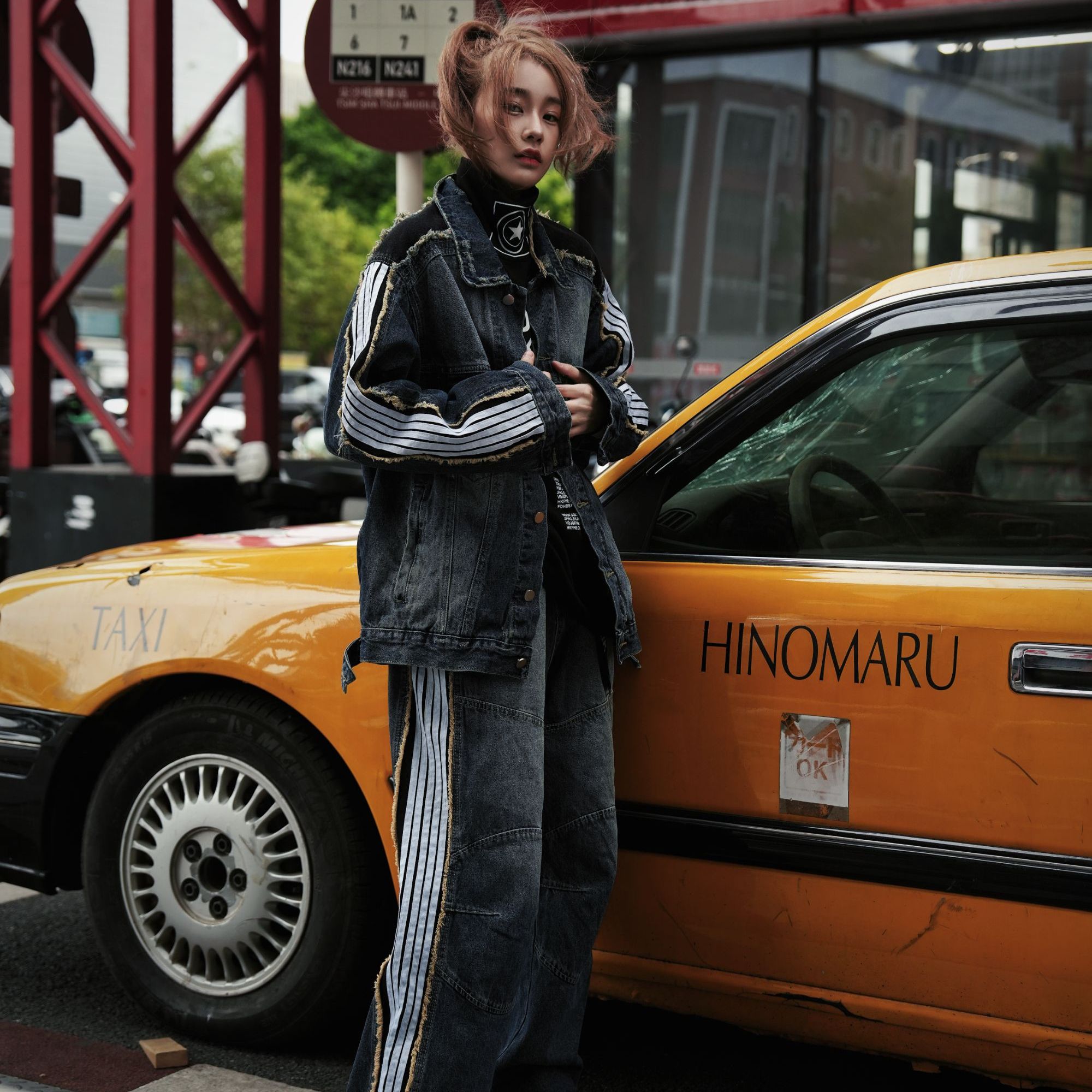 早秋新品巴家五条杠拼接水洗牛仔套装美式复古休闲夹克