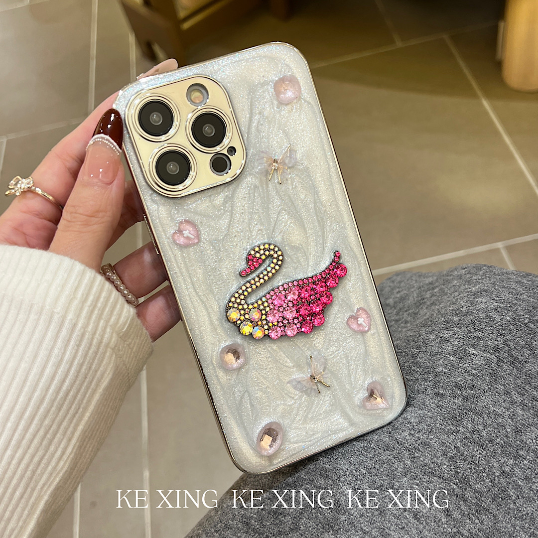 高级感立体闪钻天鹅16promax手机壳15pro全包适用苹果系列