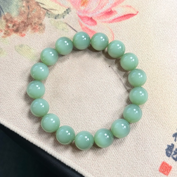 （孤品）俄罗斯碧玉色标粉青冰底起荧光 12.5㎜ 男女同款单圈手串