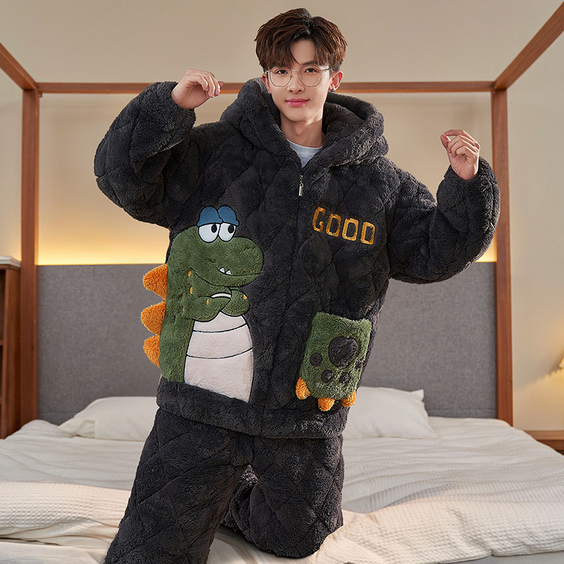 青少年睡衣男秋冬季珊瑚绒三层夹棉加厚加绒冬款学生法兰绒家居服