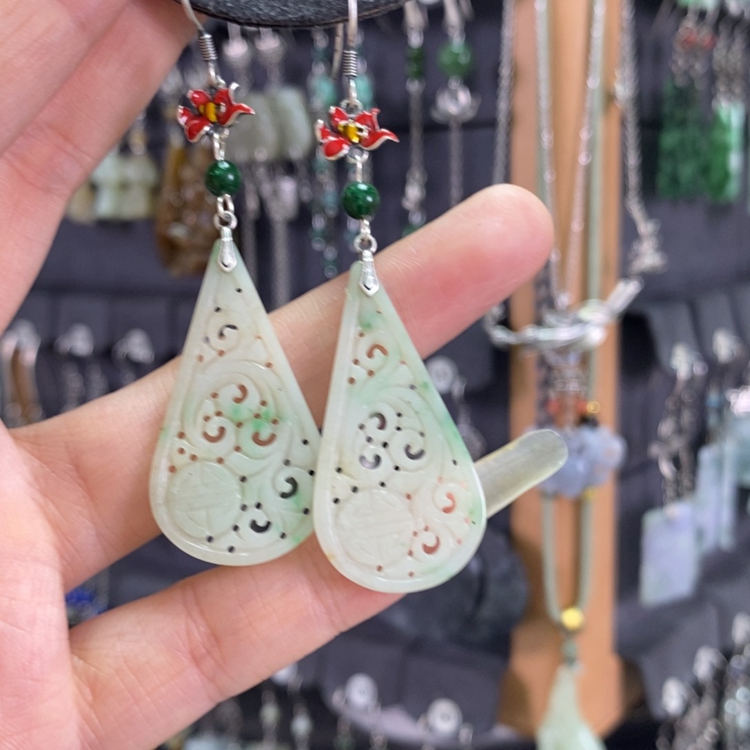 翡翠耳饰银S925镶嵌耳坠