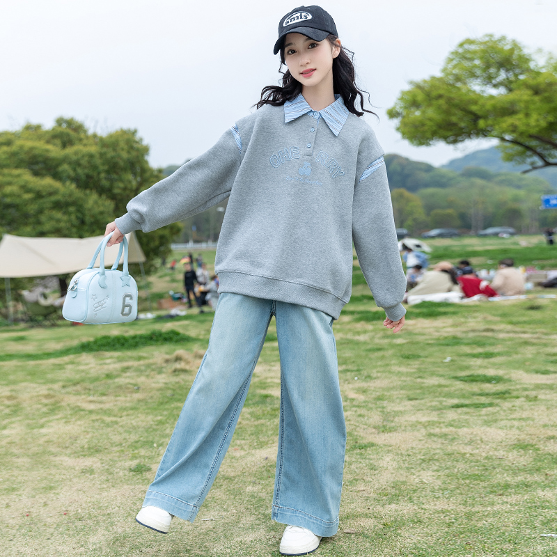 女童秋装2025新款中大童洋气polo领假两件宽松休闲拼接学院风卫衣