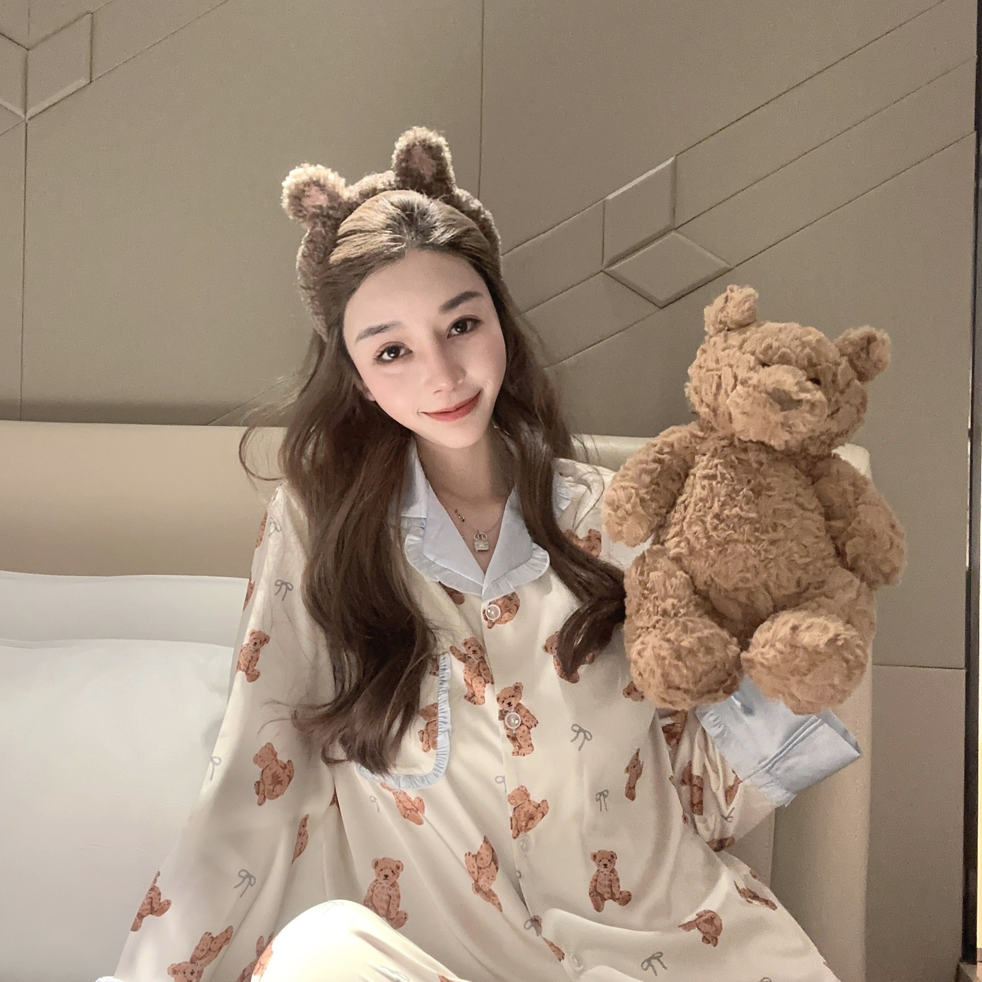 可爱小熊宽松大码甜美少女休闲睡衣家居服套装长袖长裤