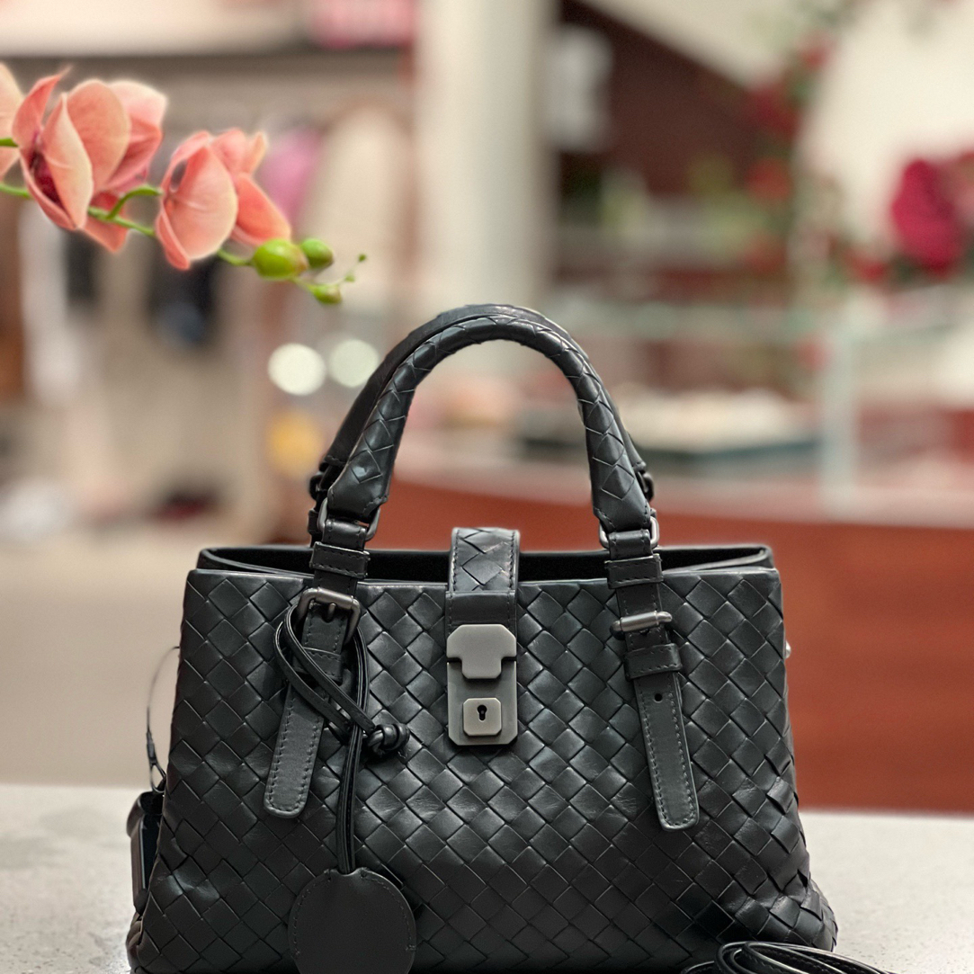 95新 BOTTEGA VENETA/葆蝶家 黑银罗马mini手提包斜挎包