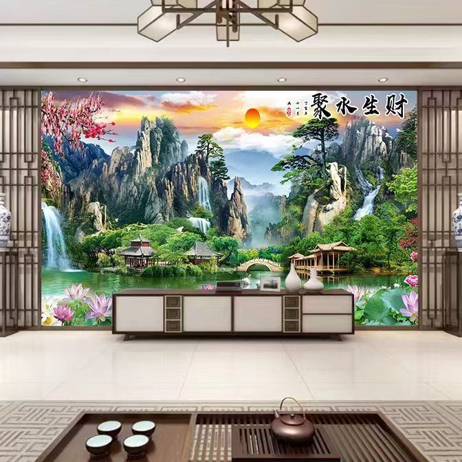 定制壁画新中式意境山水18D立体电视背景墙现代客厅沙发壁纸壁布