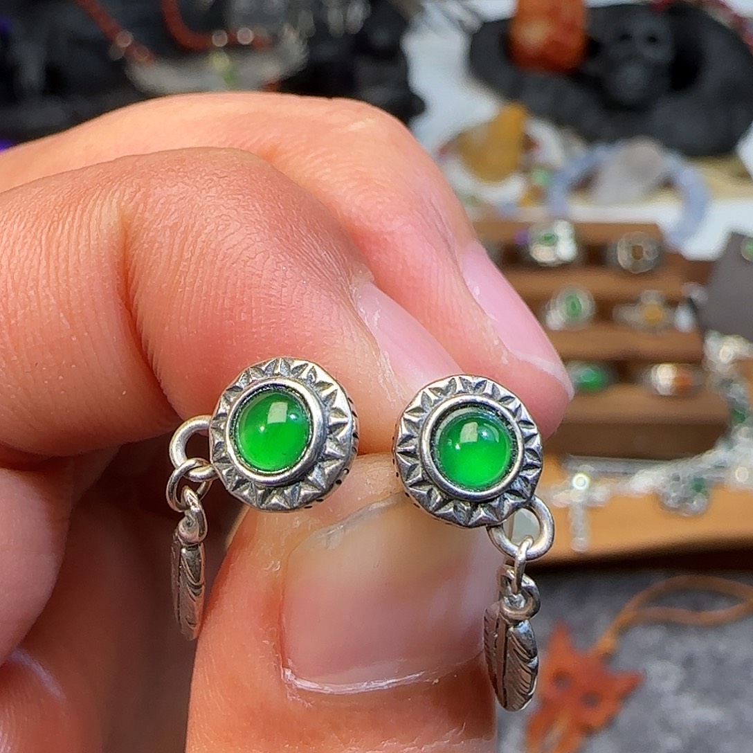 小***生翡翠银S925镶嵌耳饰klll