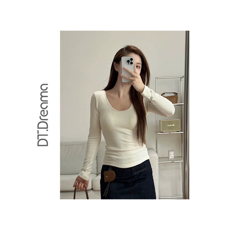 秋冬撞色圆领一体杯长袖T恤修身显瘦内搭打底衫上衣保暖内衣女