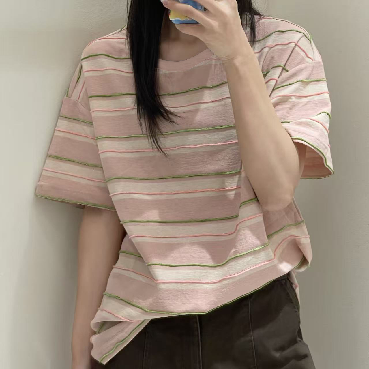 清仓·韩系「立体感的糖果条纹」外贸原单横条纹圆领撞色25048