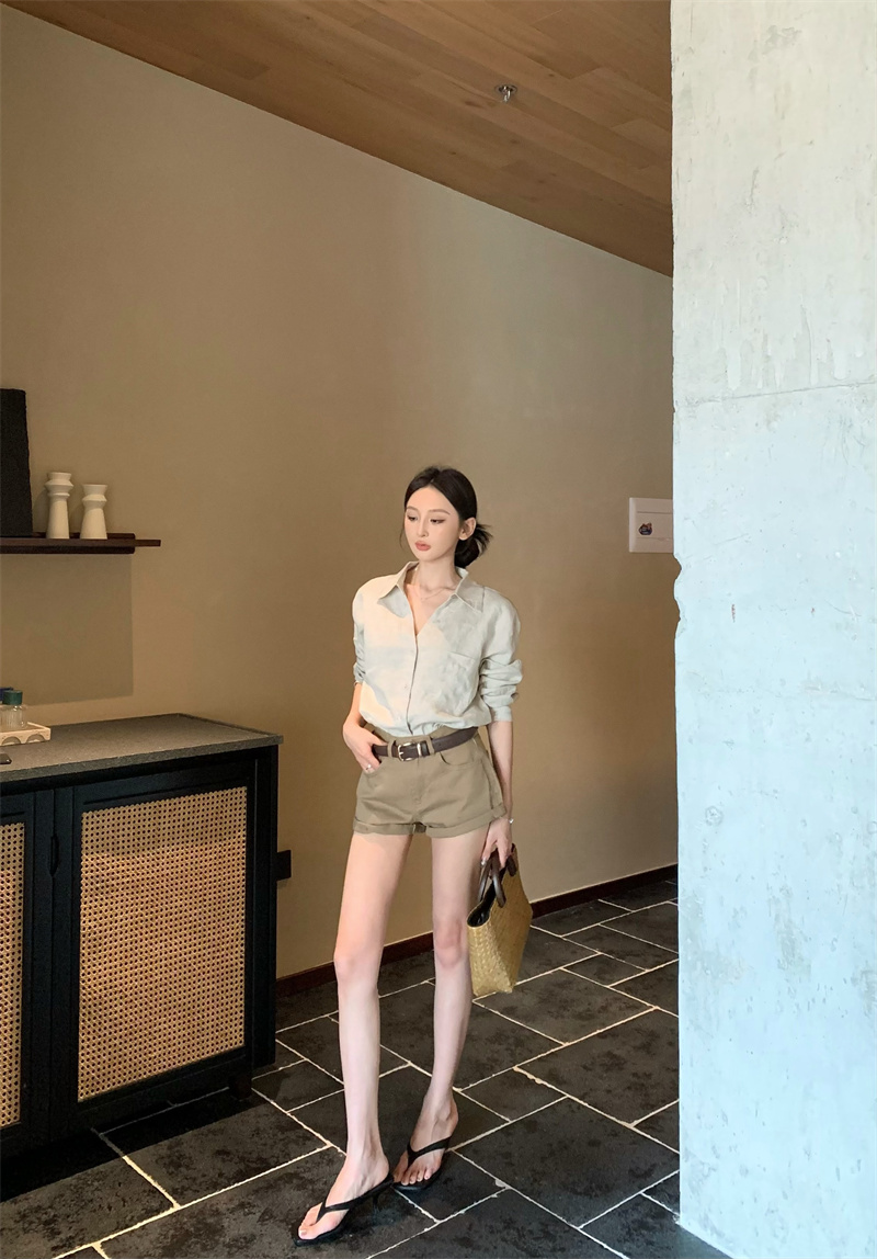 松弛感衬衣休闲气质上衣百搭短裤套装#8210