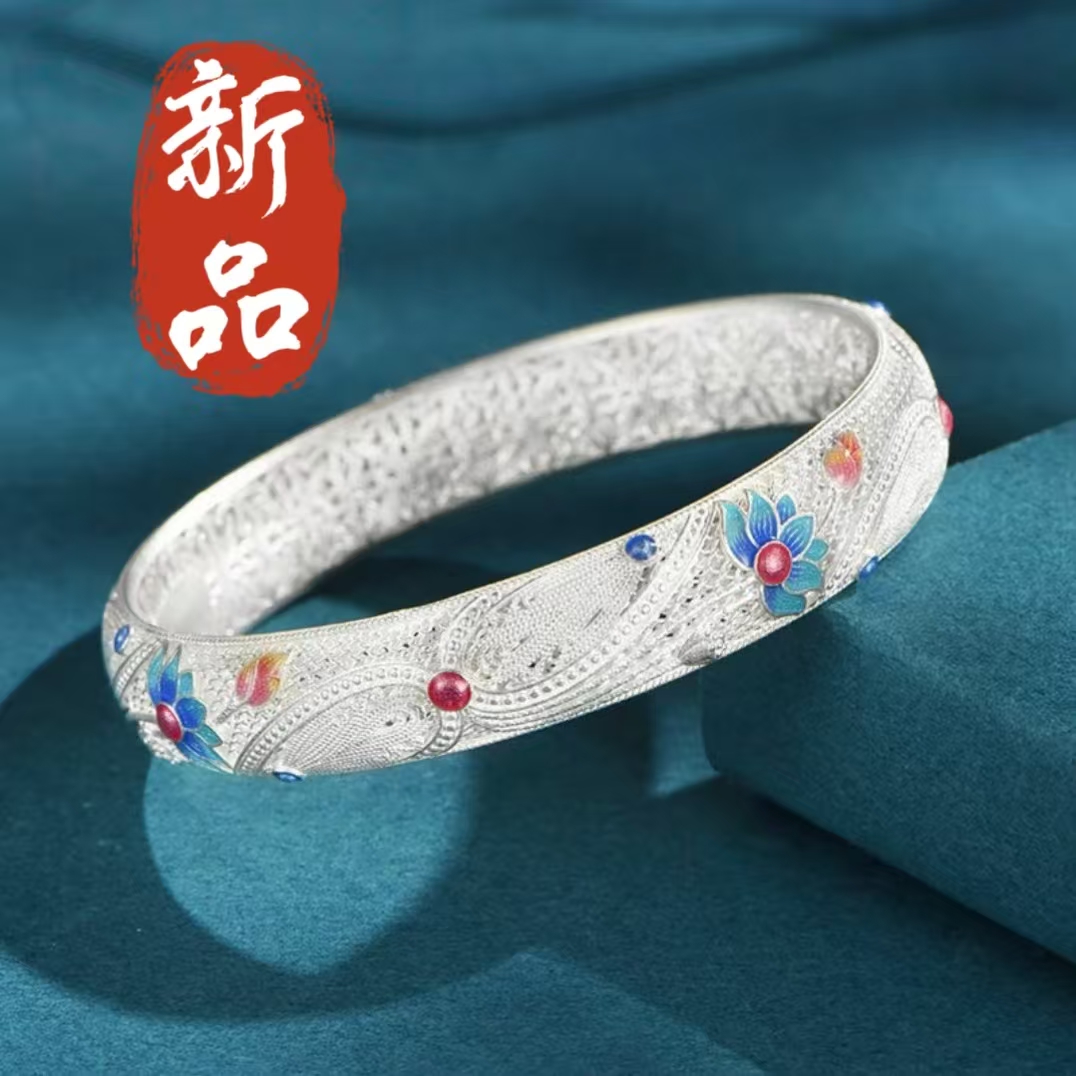 足银手镯 57号-古法仙仙镂空莲花【闭口】手镯