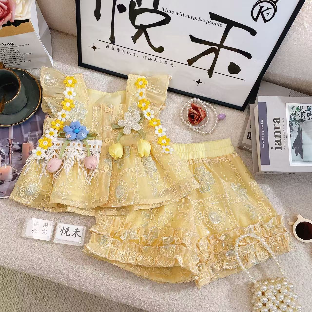 SD女童重工韩版时尚夏季新款女宝黄色小飞袖洋气儿童套装80249