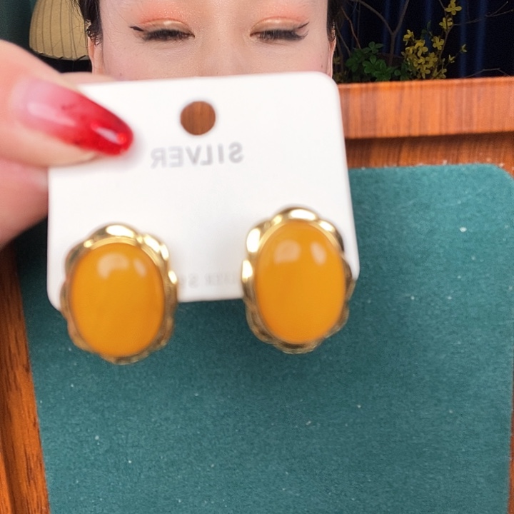 蜜蜡耳饰银S925镶嵌耳钉