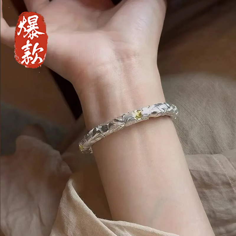 足银手镯 999.9【专柜版】 58克2026新款牡丹闭口镯时尚女百搭+礼盒