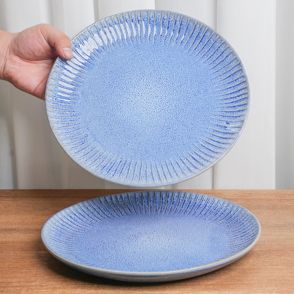 【瑕疵】釉下彩陶瓷盘子餐厅家用窑变浅蓝浮雕日式复古平盘G5D/DP