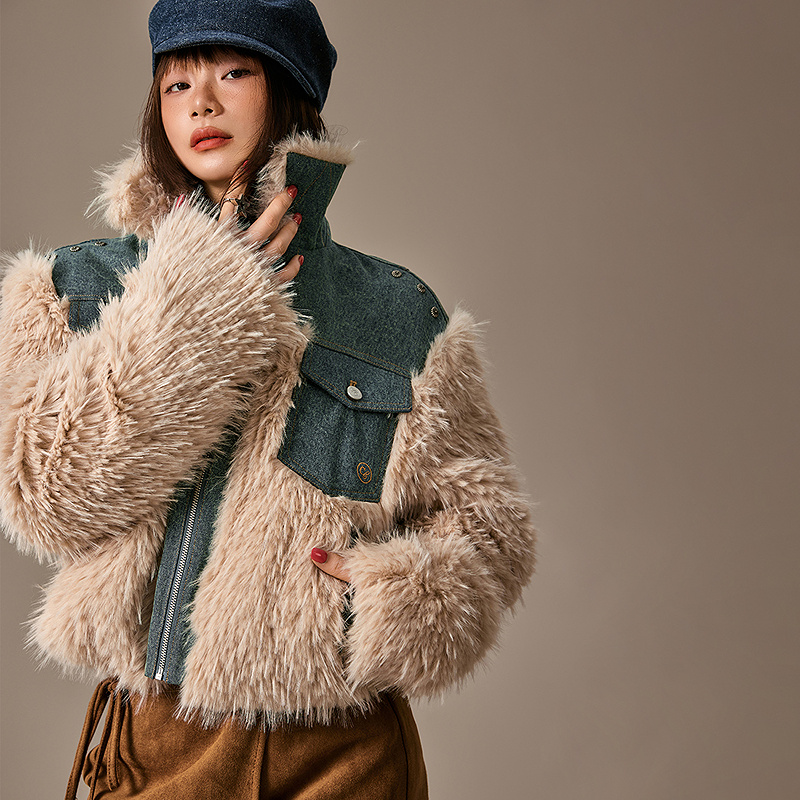 【39】CHUU牛仔拼接仿皮草设计休闲风穿搭加绒百搭外套FHJJ014V