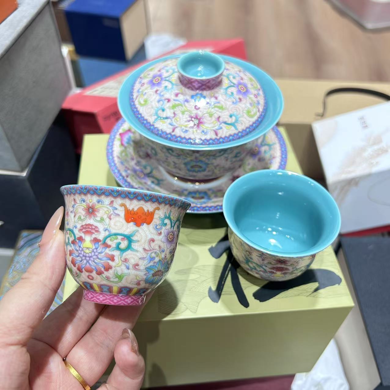 衡山社真珐琅彩三才盖碗+俩杯2405+2401x2