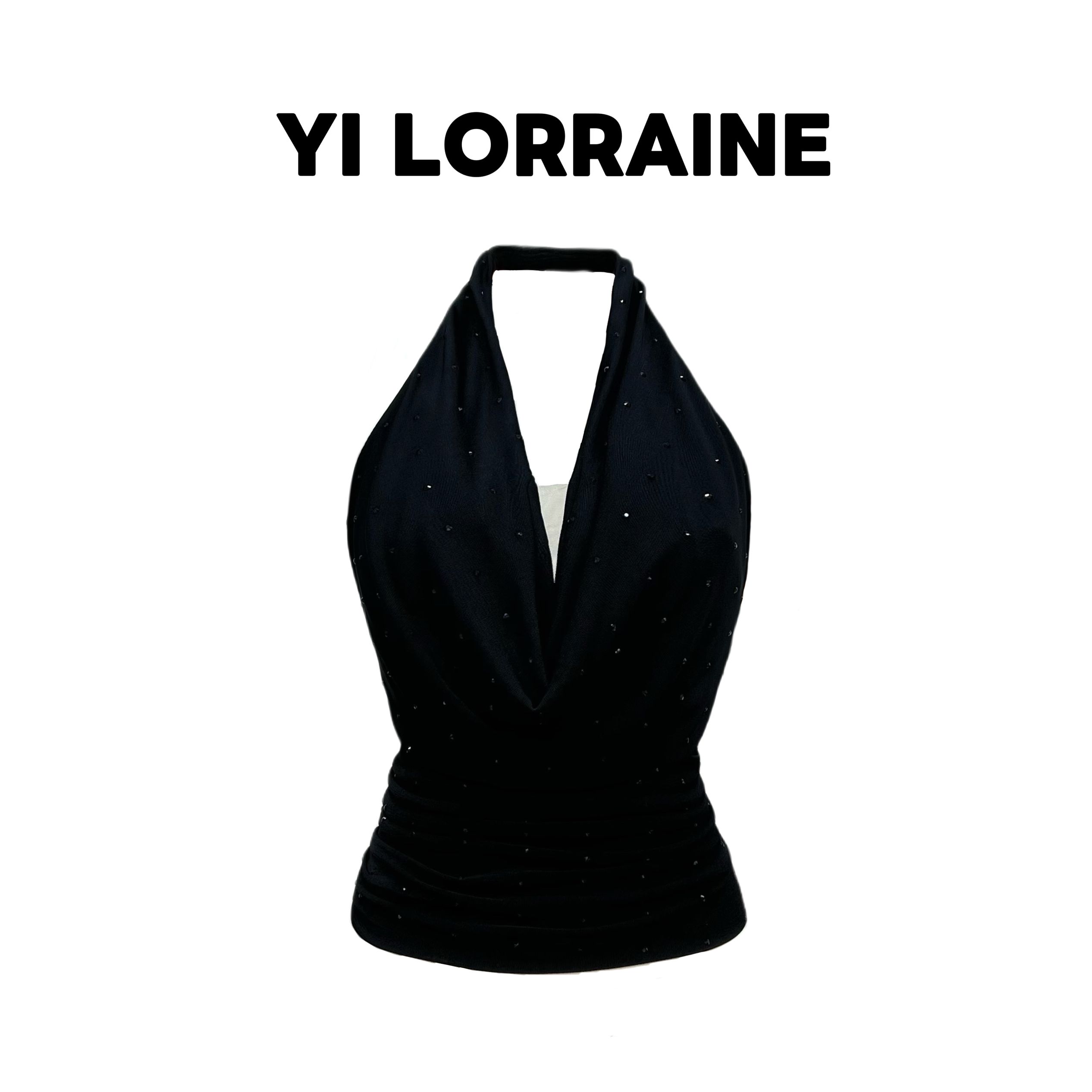 YI LORRAINE/旖洛琳原创设计师款醋酸烫钻挂脖V领百搭上衣