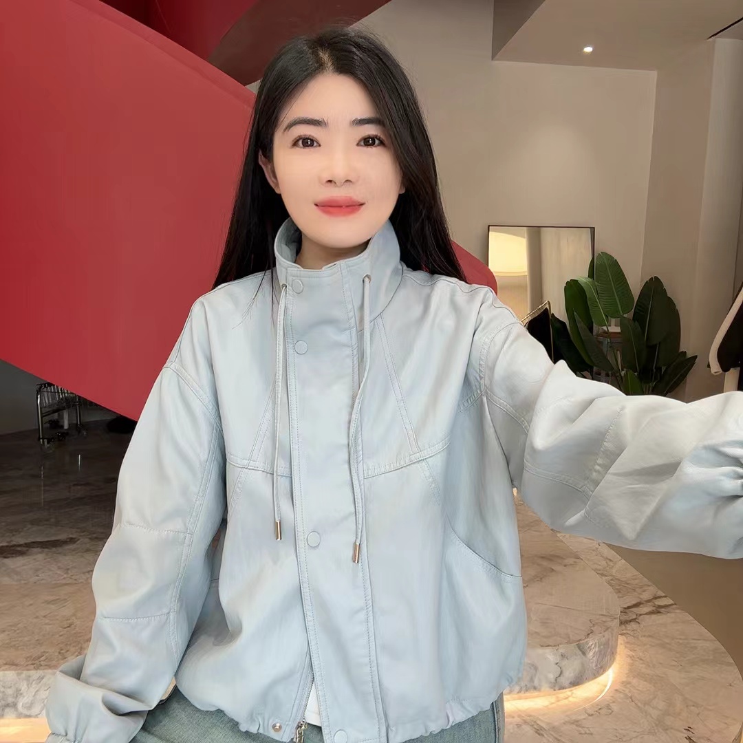 252615 韩版气质短款机车皮衣宽松休闲立领抽绳外套