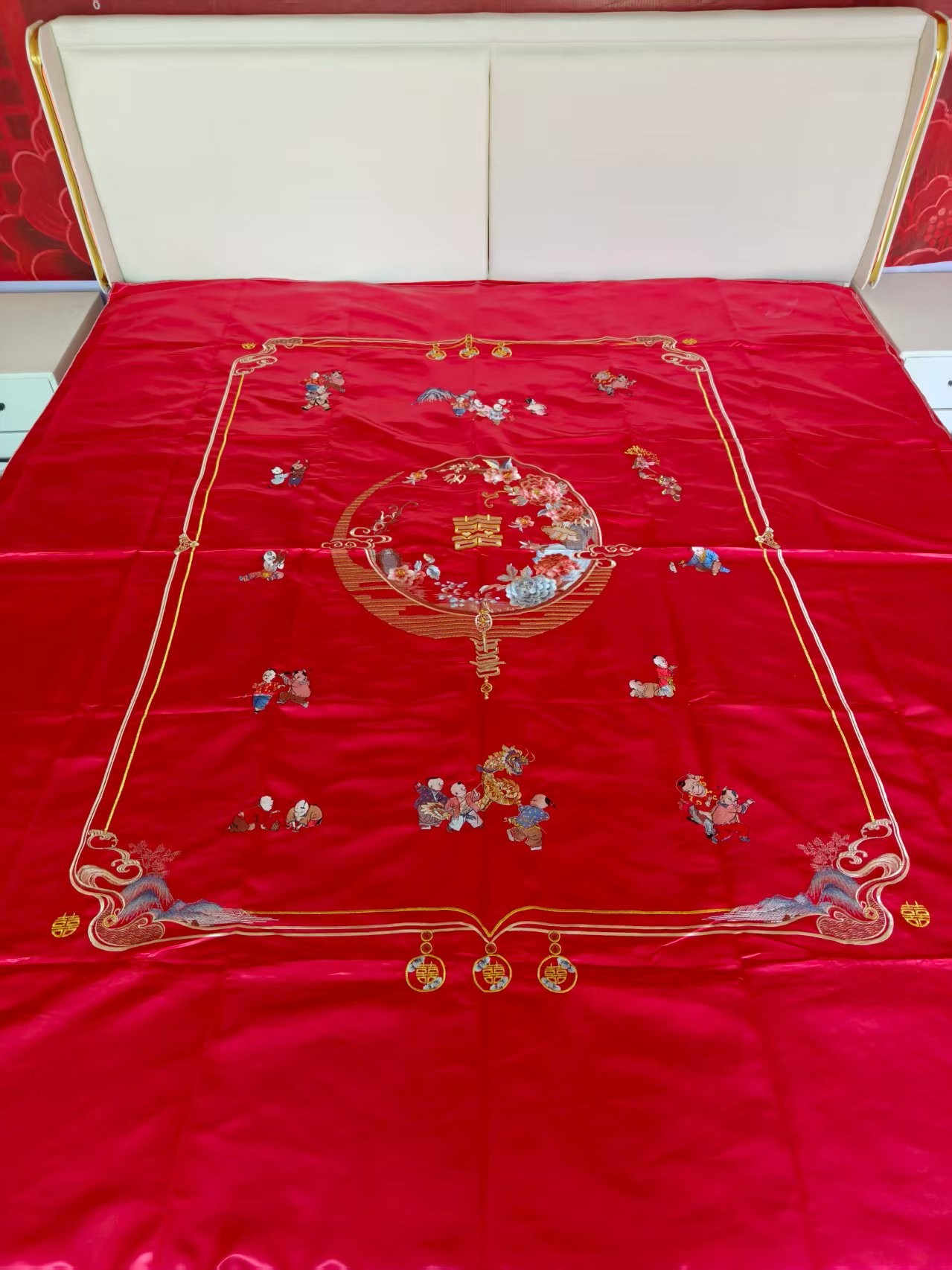 百子图刺绣款结婚喜被（成品被罩  成品被子  四件套）婚庆