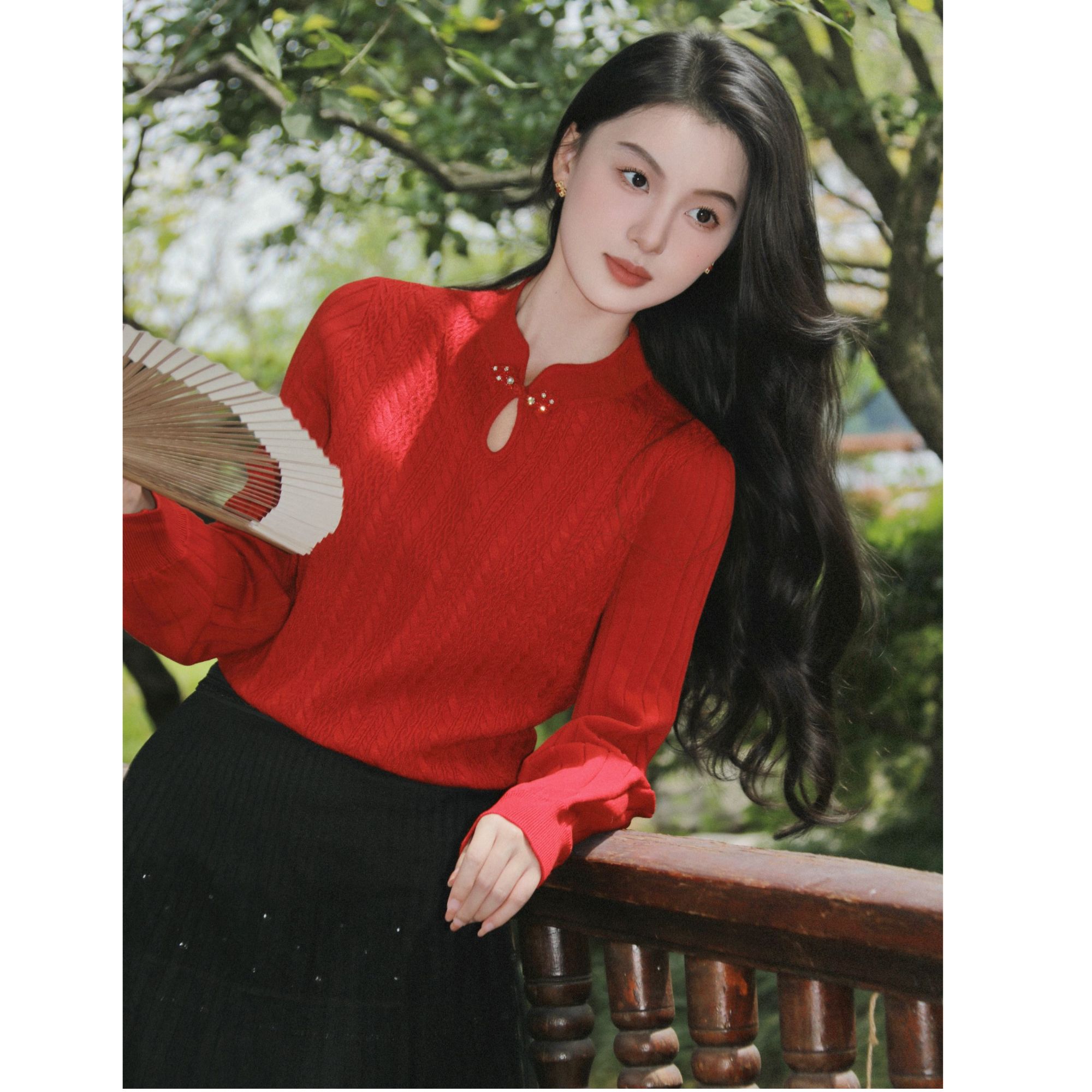 【女神价】【25新年红系列】珂莱蒂尔新中式羊毛针织气质长袖红色