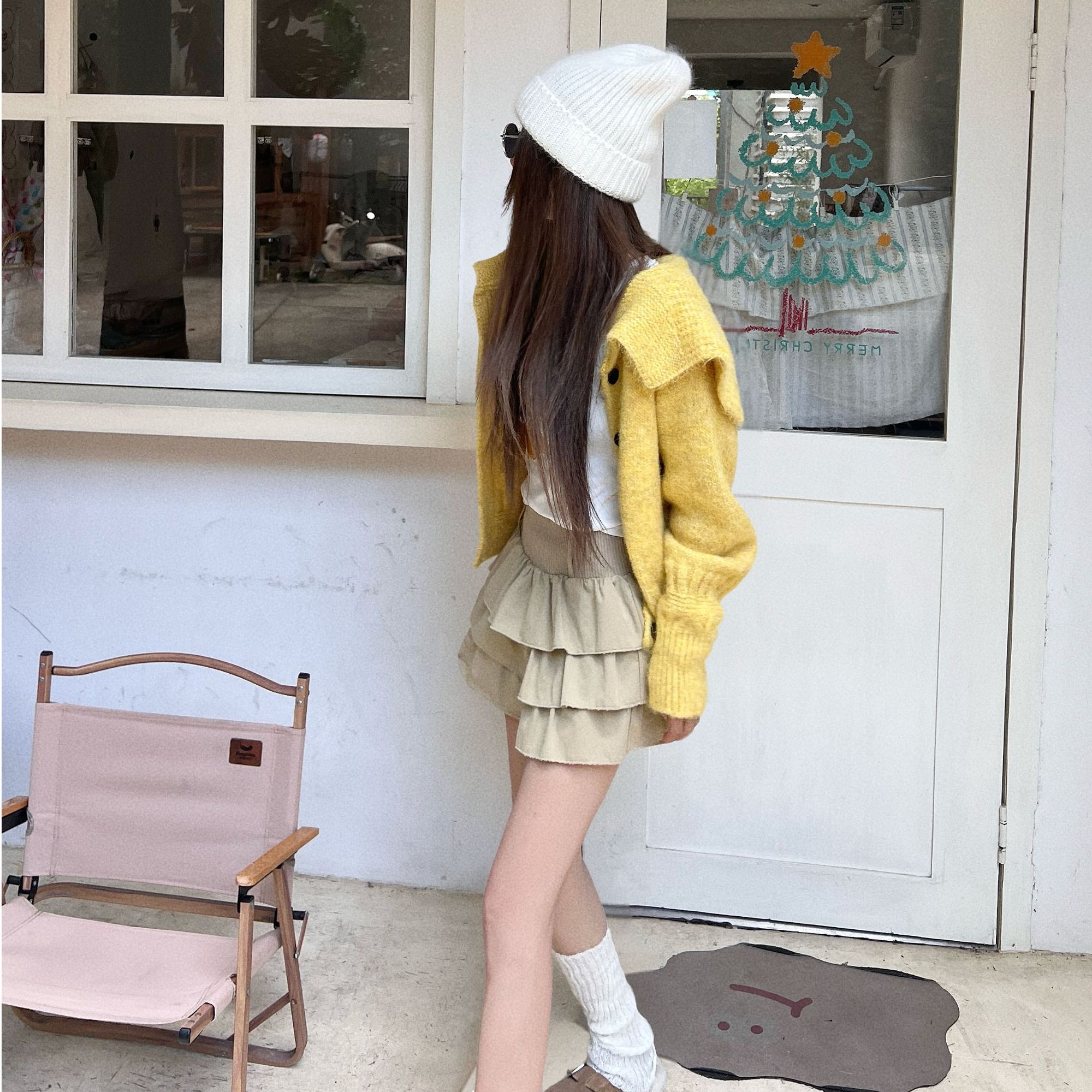 21DEGREES【秋斓织间】慵懒黄色翻领毛衣长袖磨毛打底荷叶边蛋糕裙
