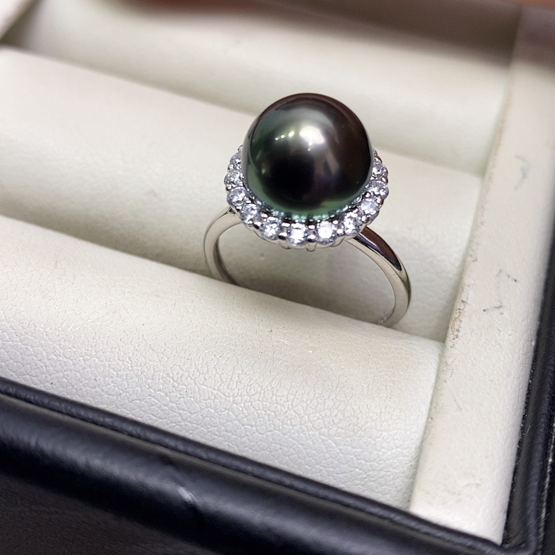 银S925镶嵌戒圈海水珍珠9.9mm孔雀绿