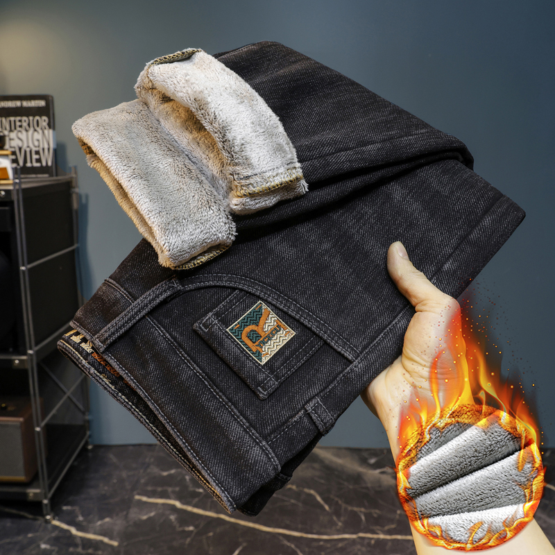 2025秋冬新款加绒加厚牛仔裤男士休闲刺绣直筒百搭棉质弹力长裤男