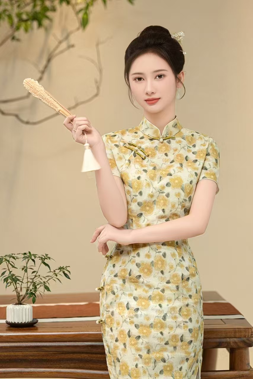 双花 秋季新品日常气质文艺显瘦中长款旗袍