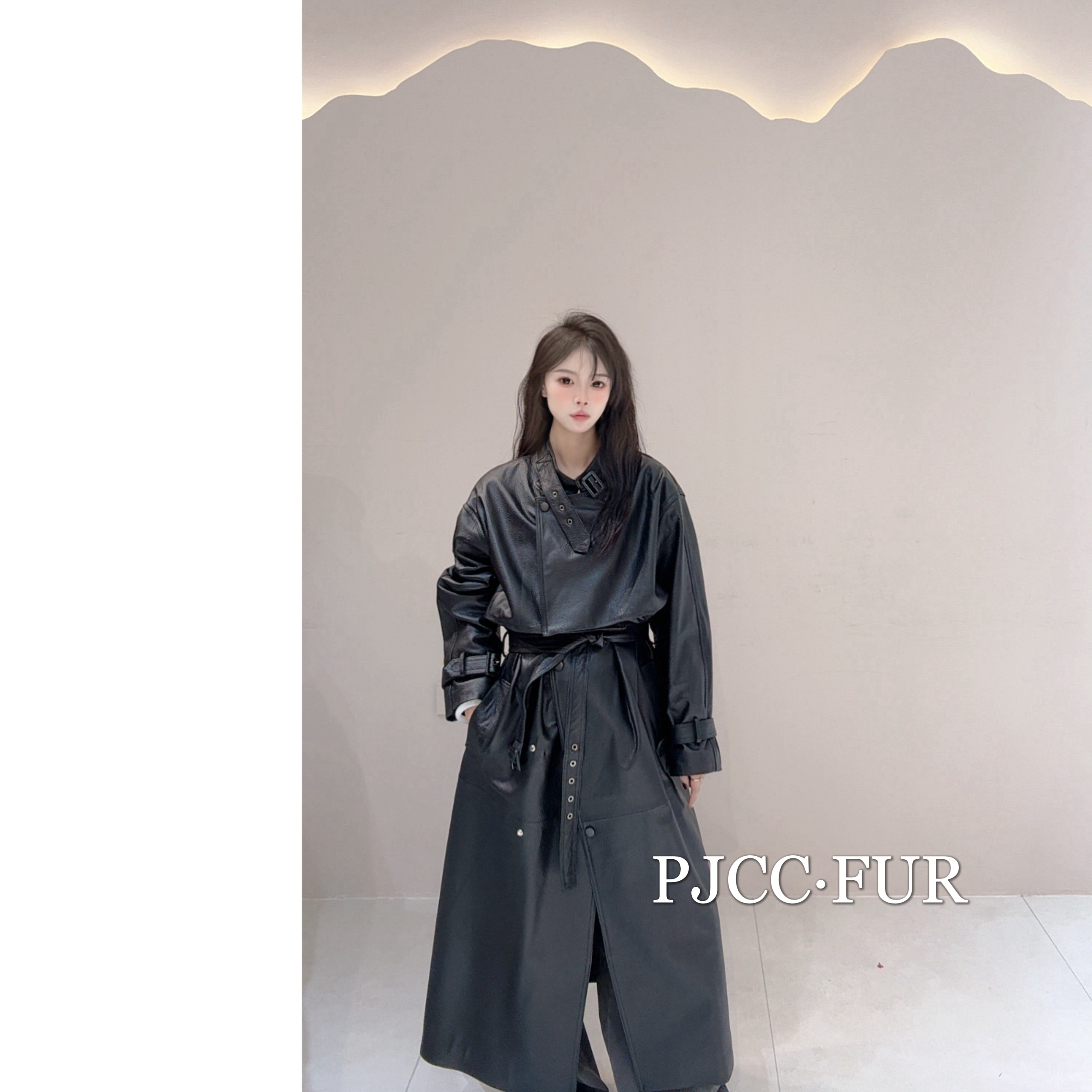 PJCC· FUR重工皮衣长款欧美辣妹设计感风衣外套女山羊皮过膝大衣