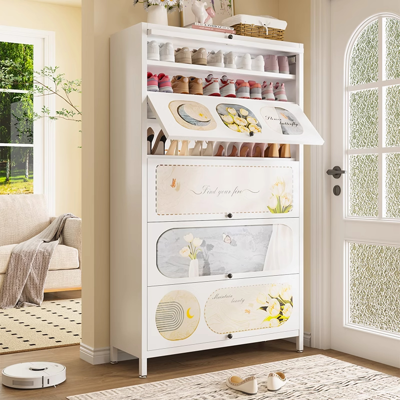 钢制印花鞋柜防尘入户家用门口落地玄关柜铁艺多层大容量翻门鞋架