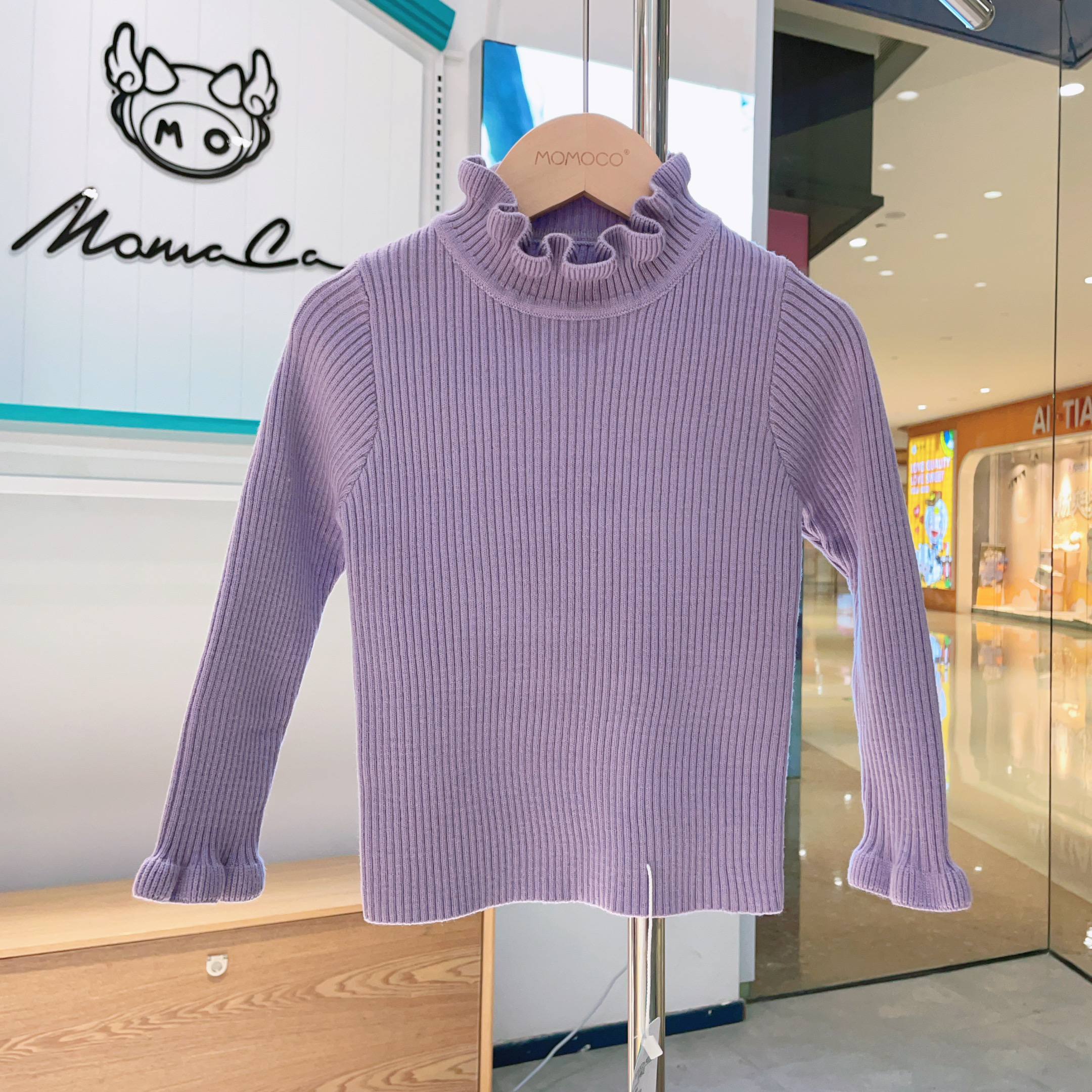 MOMOCO冬季女童新款保暖打底毛衣儿童时尚木耳花边紫色百搭毛衣