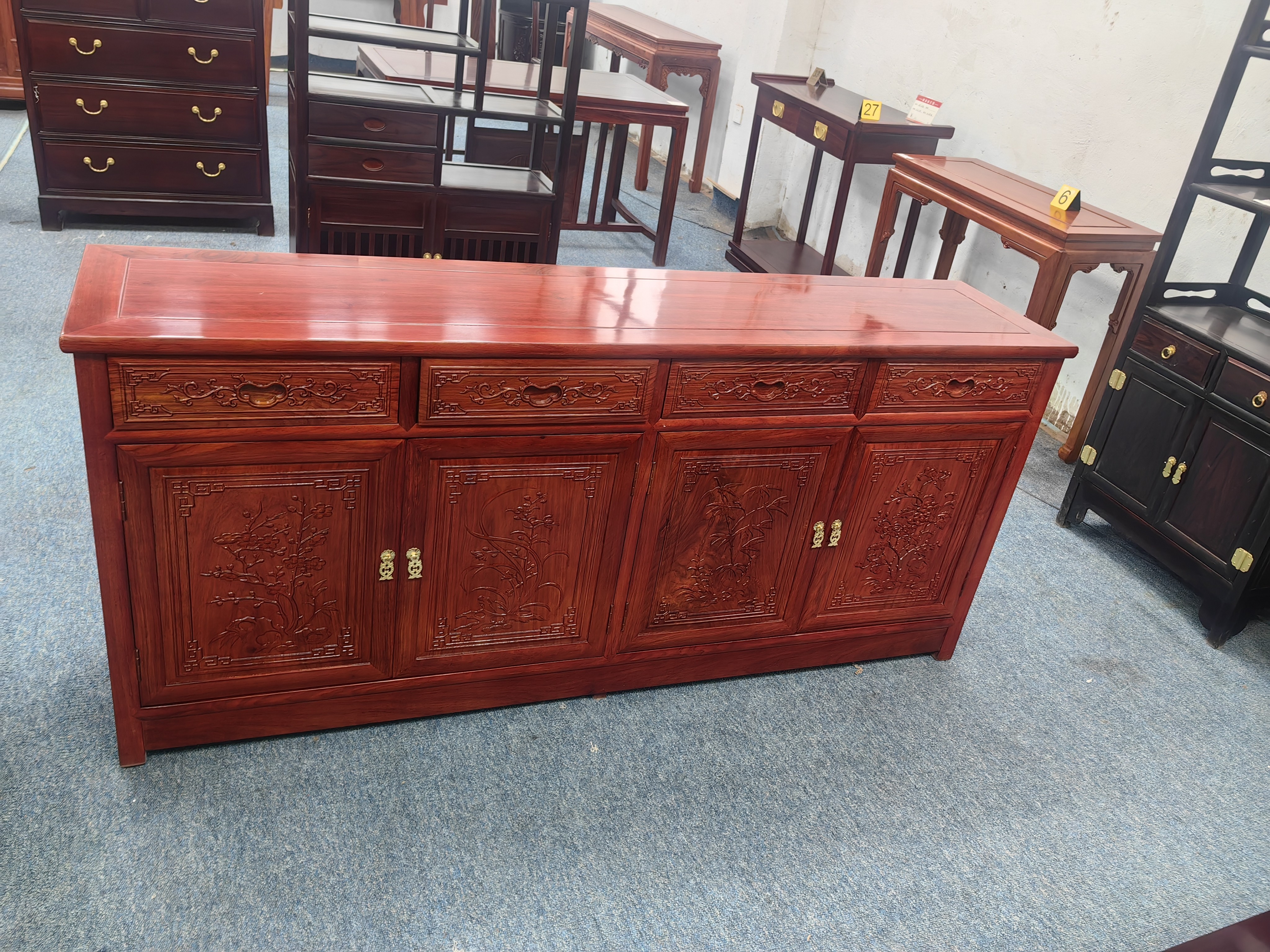 国标红木刺猬餐边柜多功能储物柜中式实木雕花设计